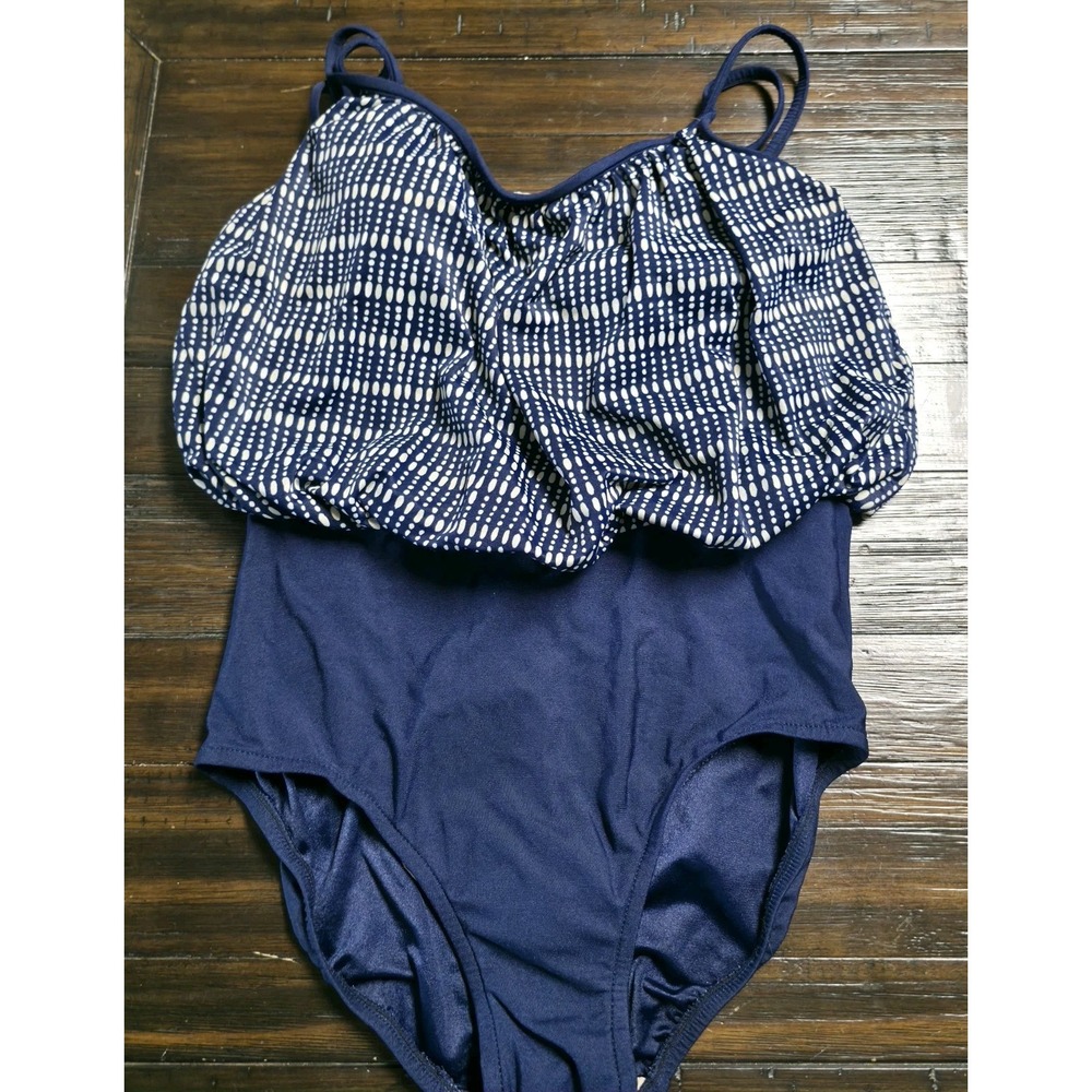 Sirena Signatures One Piece Swimsuit 12 Navy Blue White Dotted Blouson